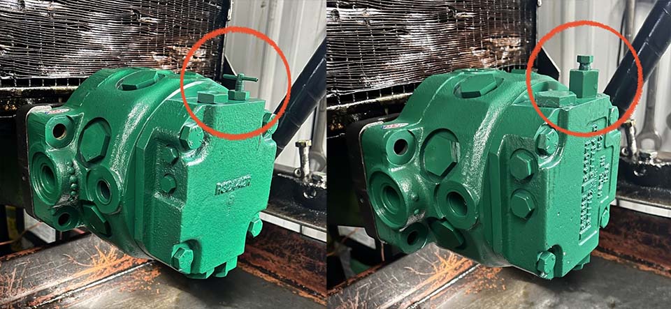Manual destroke adjustment plugs on serialized and non-serialized John Deere hydraulic pumps
